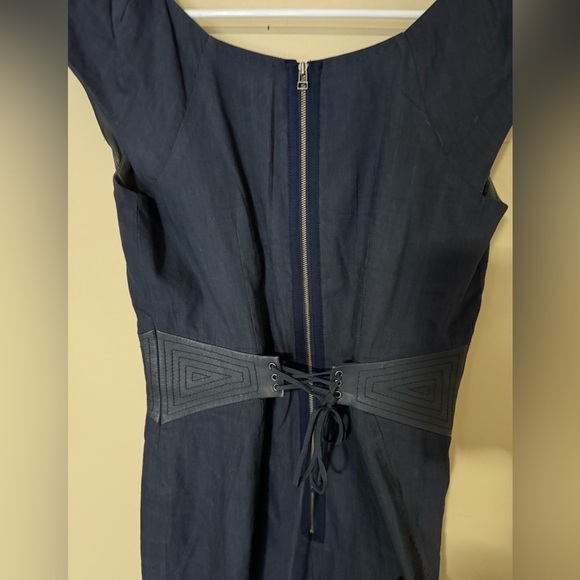 Rebecca Taylor Navy Linen Blend Dress with Lamb Leather Sides & Corset Back 8 - Picture 6 of 8